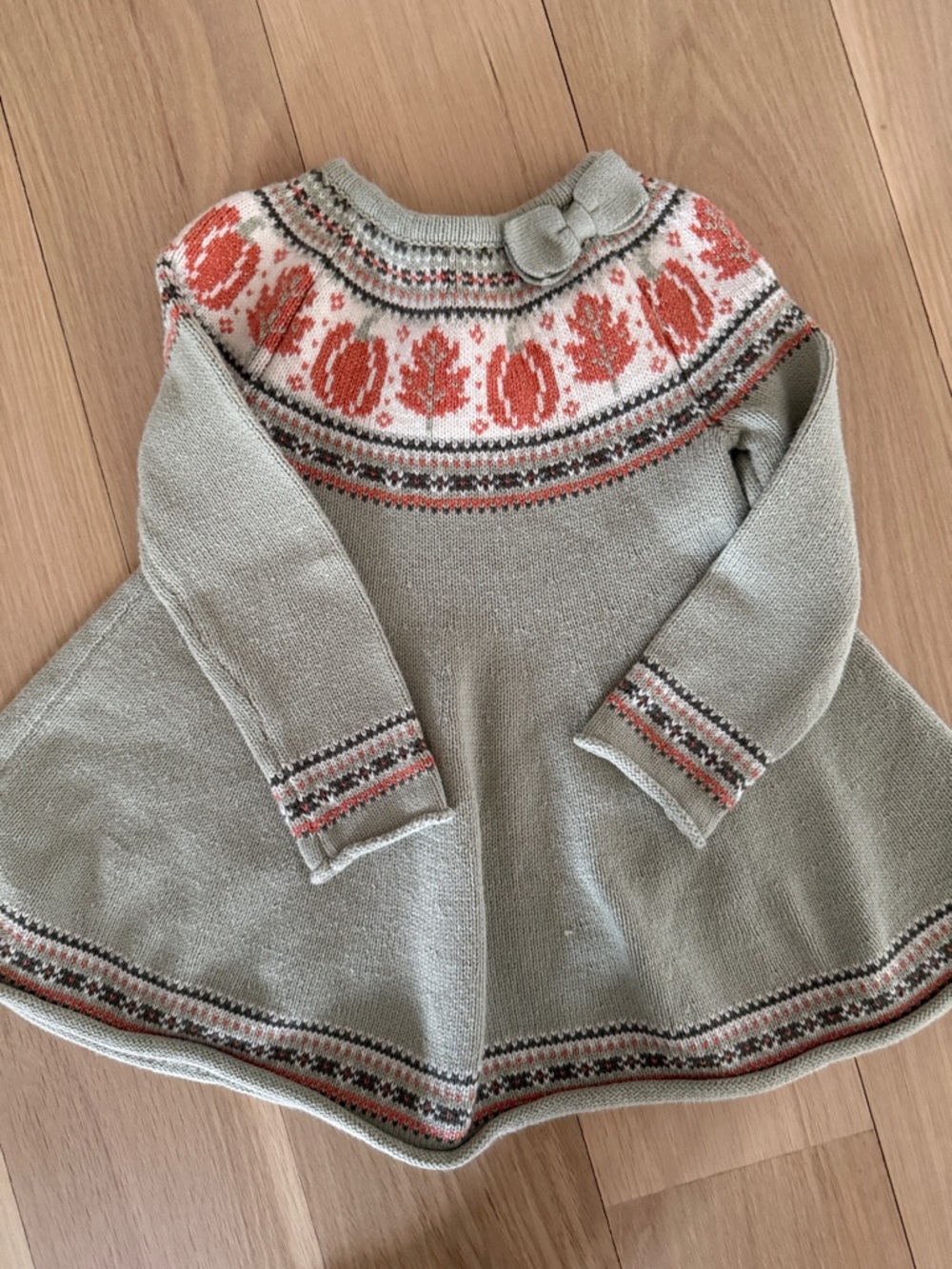 Max Studio Sage Green and Rust Knit Fair Isle Kids Dress